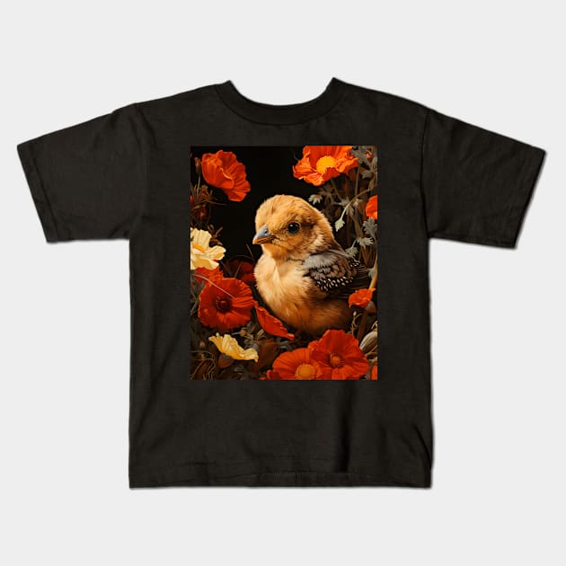 Retro Vintage Art Style Baby Chick surrounded in Flowers - Whimsical Nature Kids T-Shirt by The Whimsical Homestead